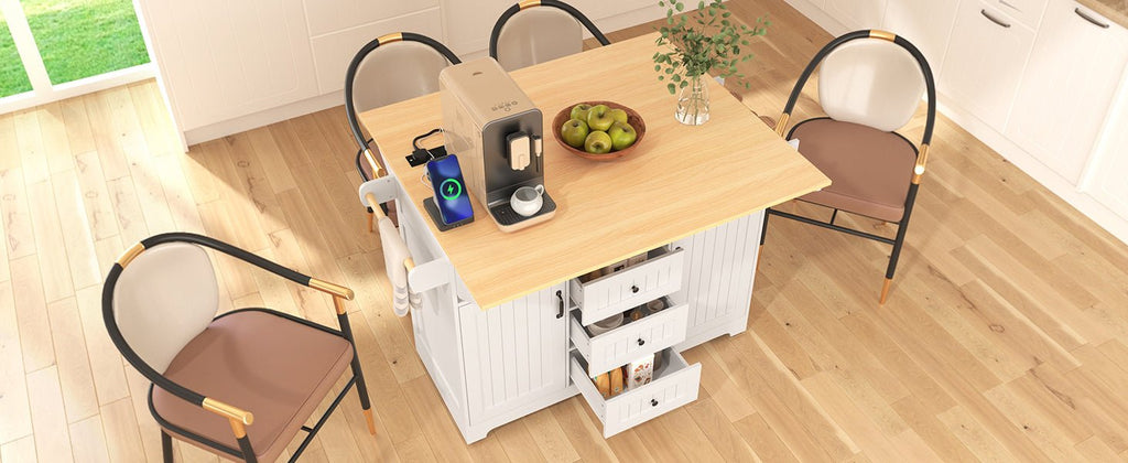 Anthony & Home Signature White Farmhouse Kitchen Island with Drop Leaves, featuring a spacious surface and classic farmhouse design.