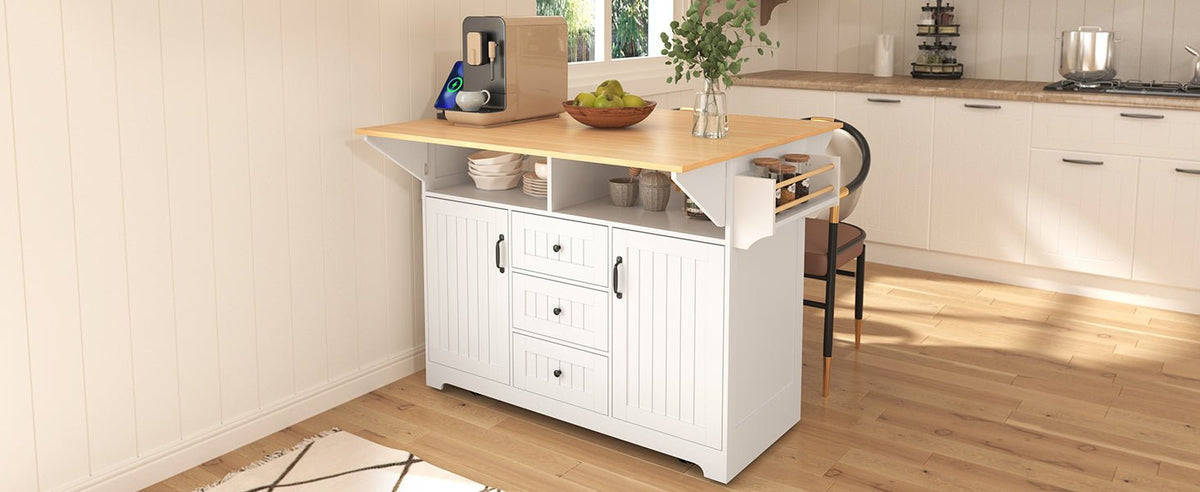 Anthony & Home Signature White Farmhouse Kitchen Island with Drop Leaves, featuring a spacious surface and classic design.