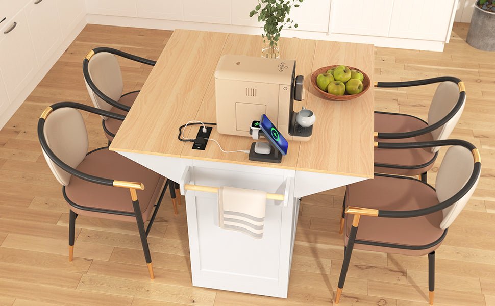 Anthony & Home Signature White Farmhouse Kitchen Island with Drop Leaves, showing a spacious wooden kitchen island with drop leaf extensions.