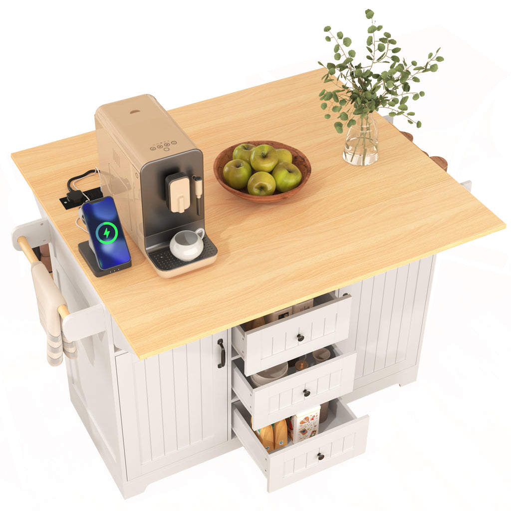 Anthony & Home farmhouse kitchen island with white finish and drop leaves, featuring a spacious surface and sturdy wooden legs.