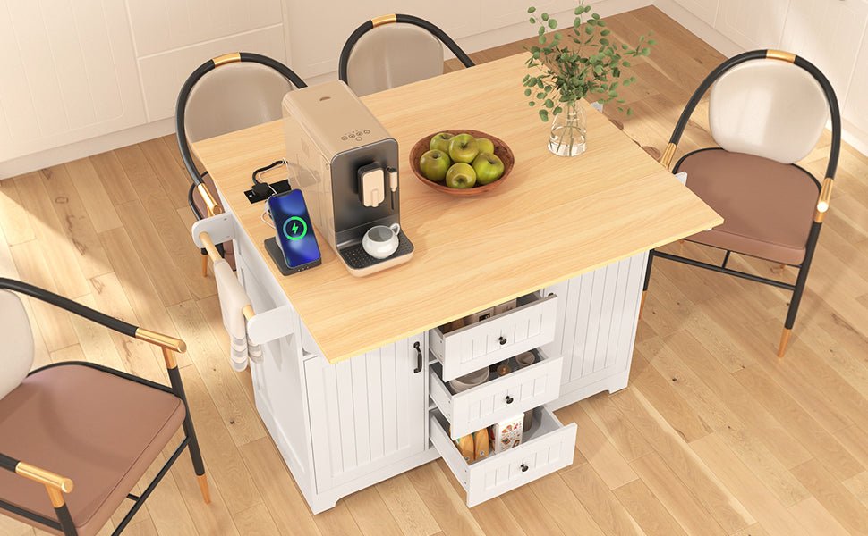 Anthony & Home Signature White Farmhouse Kitchen Island with drop leaves, sturdy wood construction and spacious countertop.