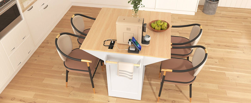 White farmhouse kitchen island with drop leaves and storage, by Anthony & Home, featuring a sturdy wooden surface and classic design.