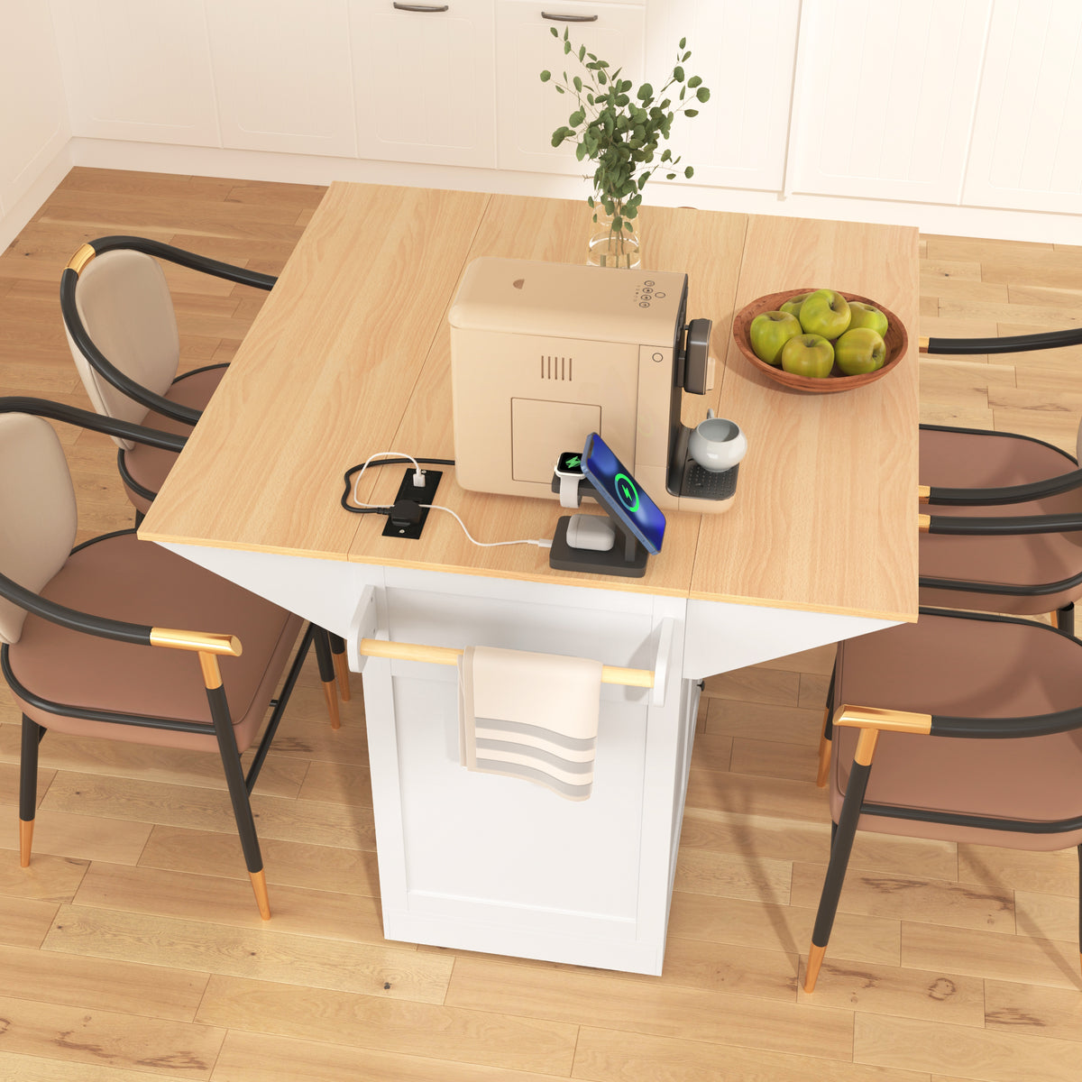 Anthony & Home Signature White Farmhouse Kitchen Island with Drop Leaves, showcasing the sturdy wood construction and spacious work surface.