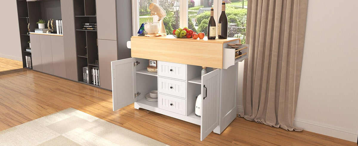 White farmhouse kitchen island with drop leaves and Anthony & Home branding, featuring a spacious surface and traditional design.