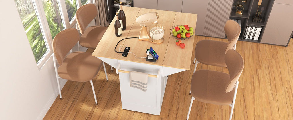 Anthony & Home Signature White Farmhouse Kitchen Island with Drop Leaves, showcasing a spacious wooden kitchen island with a classic farmhouse style.