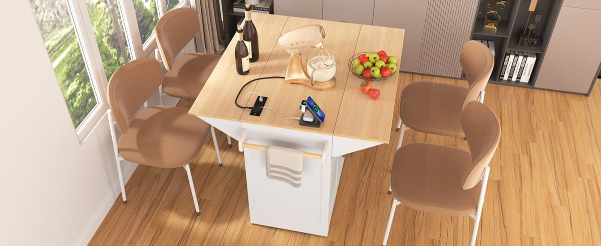Anthony & Home Signature White Farmhouse Kitchen Island with Drop Leaves, showcasing a spacious wooden kitchen island with a classic farmhouse style.