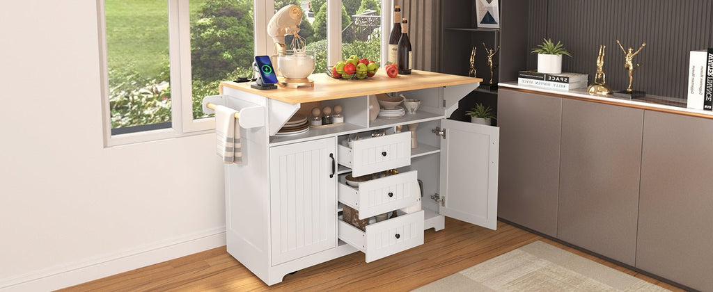 Anthony & Home Signature White Farmhouse Kitchen Island with Drop Leaves, showing a sturdy wooden table with adjustable side leaves.