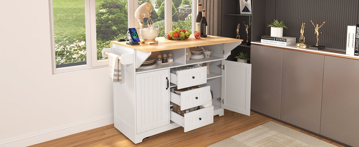 Anthony & Home Signature White Farmhouse Kitchen Island with Drop Leaves, showing a sturdy wooden table with adjustable side leaves.
