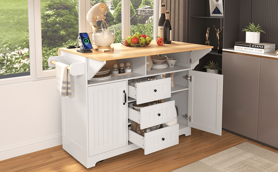 White farmhouse kitchen island with drop leaves and storage, designed by Anthony & Home, featuring a spacious and rustic style.