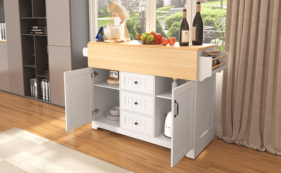 Anthony & Home Signature White Farmhouse Kitchen Island with Drop Leaves, showing a spacious white wooden kitchen island with drop leaf extensions.