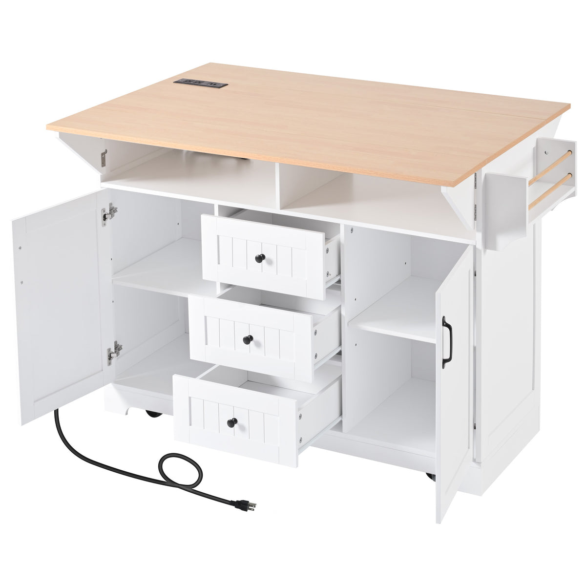 Anthony & Home Signature White Farmhouse Kitchen Island with Drop Leaves, showing a sturdy wooden table with a classic farmhouse design.