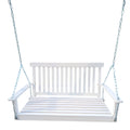 Anthony & Home signature white finish fir wood porch swing hanging from a sturdy frame, featuring a classic design for outdoor relaxation.