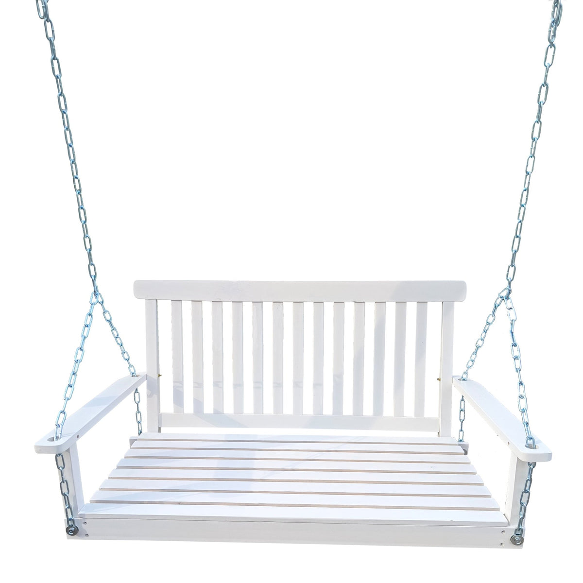 Anthony & Home signature white finish fir wood porch swing hanging from a sturdy frame, featuring a classic design for outdoor relaxation.