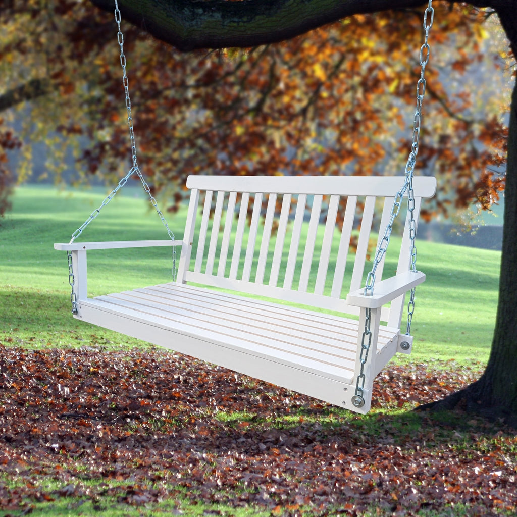 Anthony & Home white finish fir wood porch swing with armrests and seat cushions, hanging from a sturdy frame.