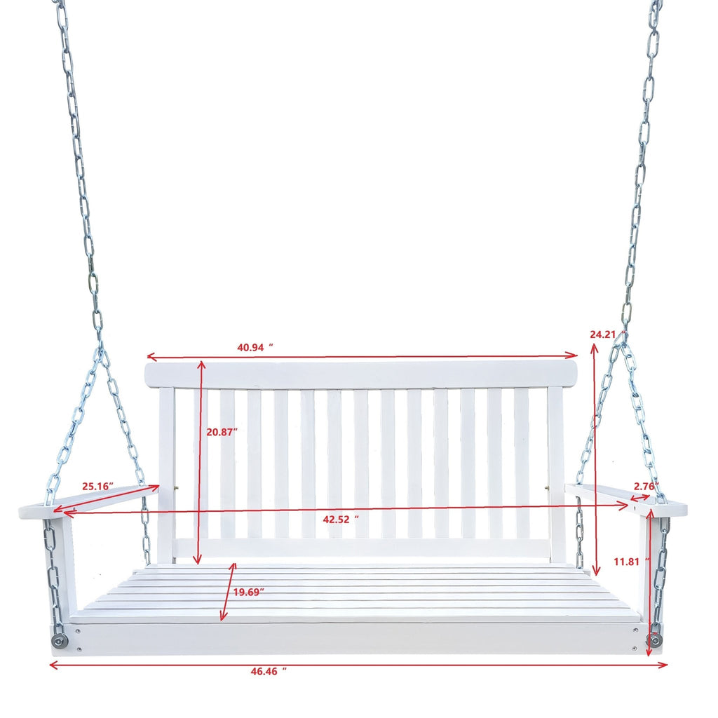 Anthony & Home Signature White Finish Fir Wood Porch Swing hanging with cushions on a porch, showcasing sturdy craftsmanship and classic style.