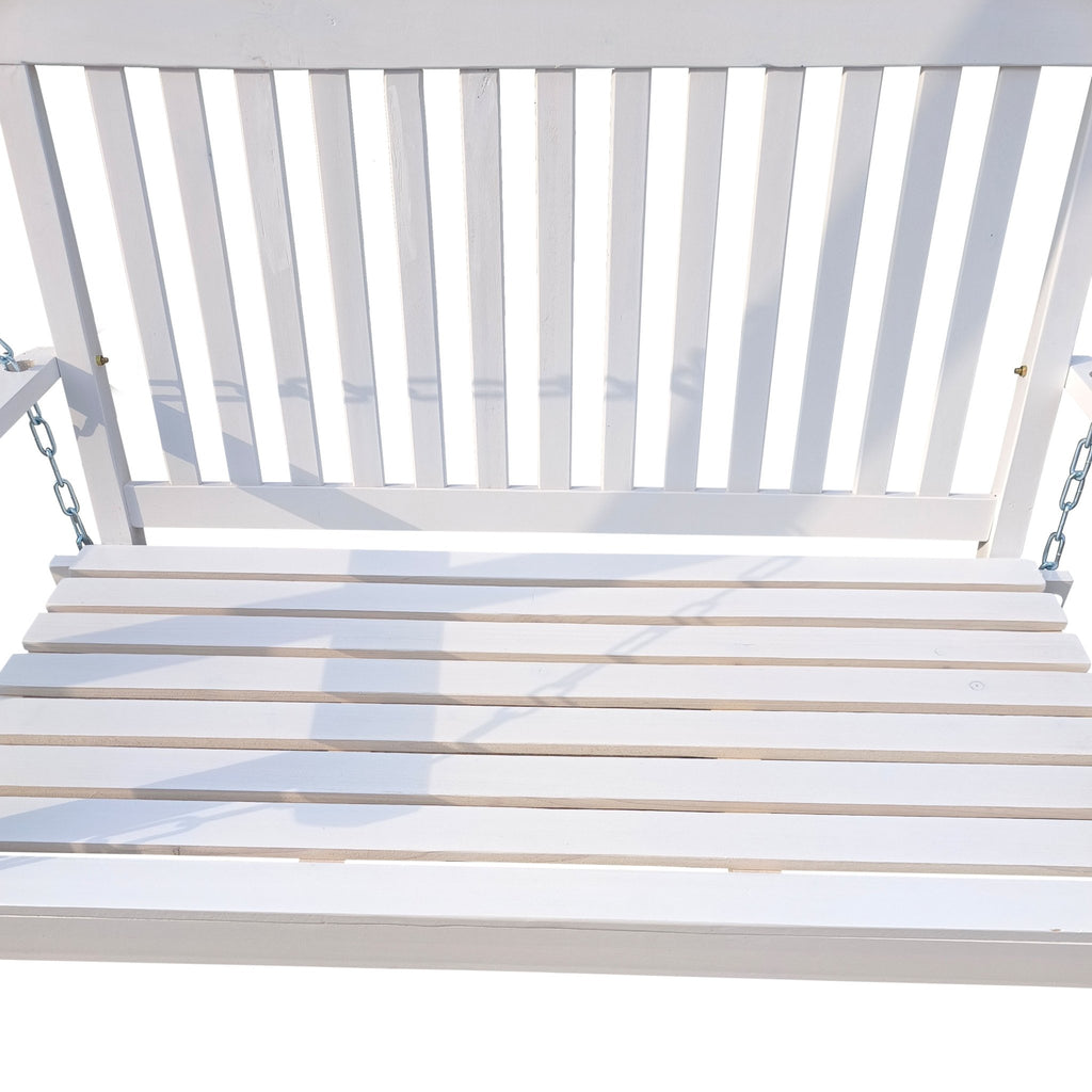 White finish fir wood porch swing by Anthony & Home, featuring a classic design with comfortable seating and sturdy construction.