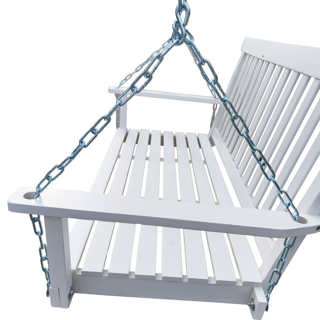 White finish fir wood porch swing by Anthony & Home, showing a classic, sturdy outdoor swing with a smooth white coating.