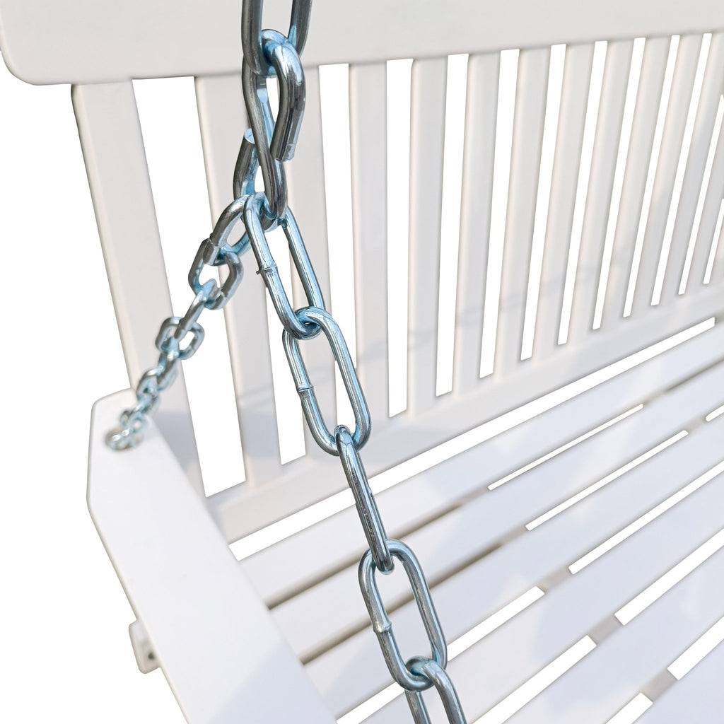 Anthony & Home Signature White Finish Fir Wood Porch Swing hanging on a porch with comfortable cushions and rustic design.