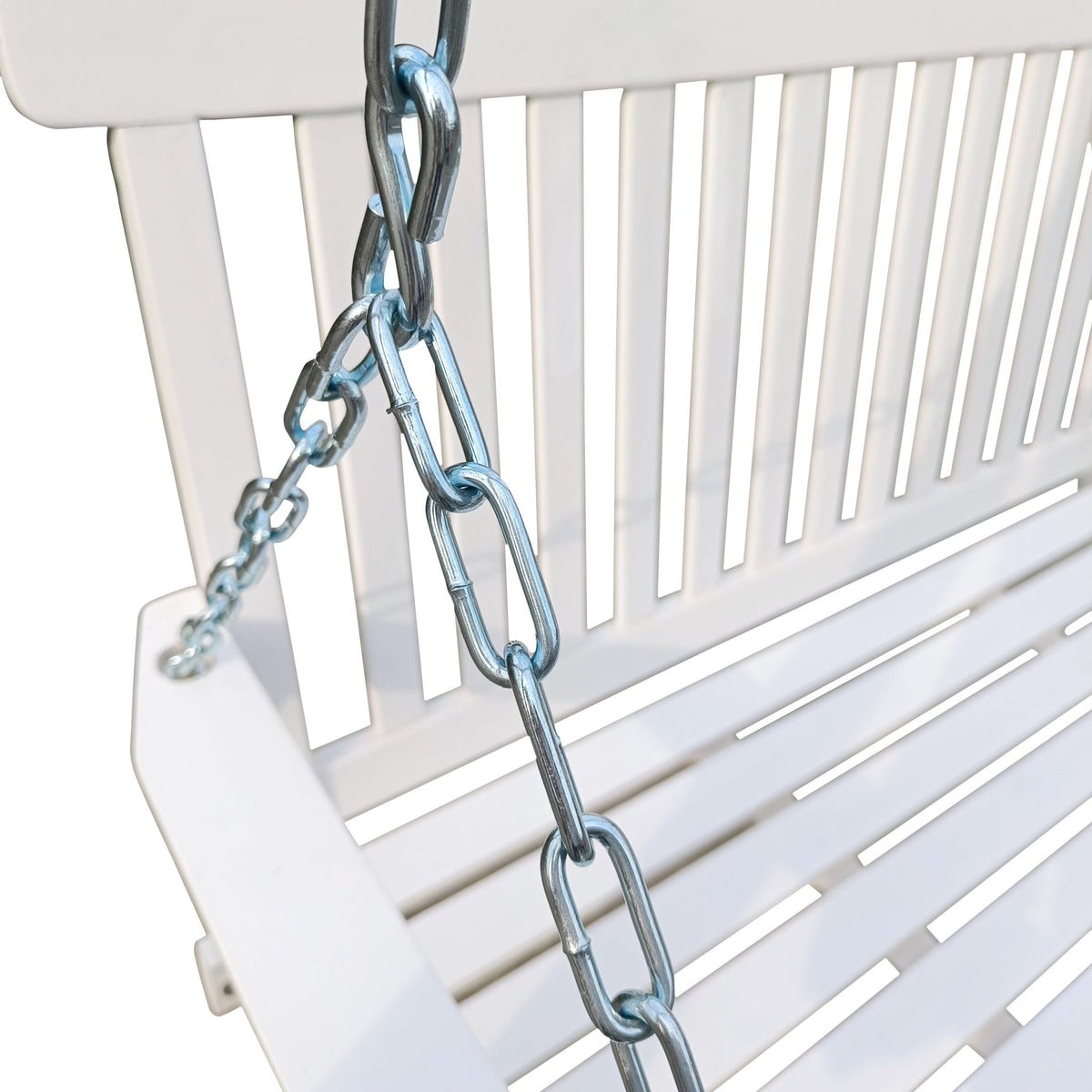 Anthony & Home Signature White Finish Fir Wood Porch Swing hanging on a porch with comfortable cushions and rustic design.