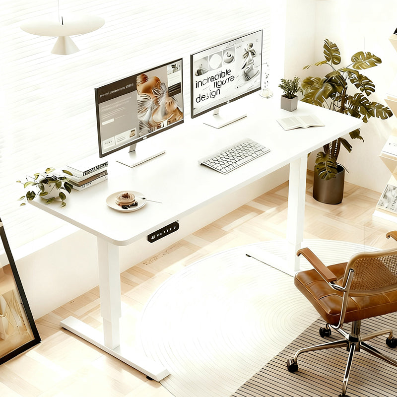 Anthony & Home Signature White Sliced Board Electric Standing Desk showing the sleek white surface and adjustable height mechanism.