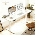 Anthony & Home Signature White Sliced Board Electric Standing Desk showing the sleek white surface and adjustable height mechanism.