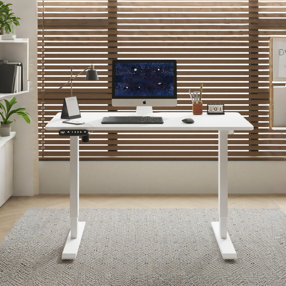 Anthony & Home Signature White Sliced Board Electric Standing Desk with adjustable height and modern design.