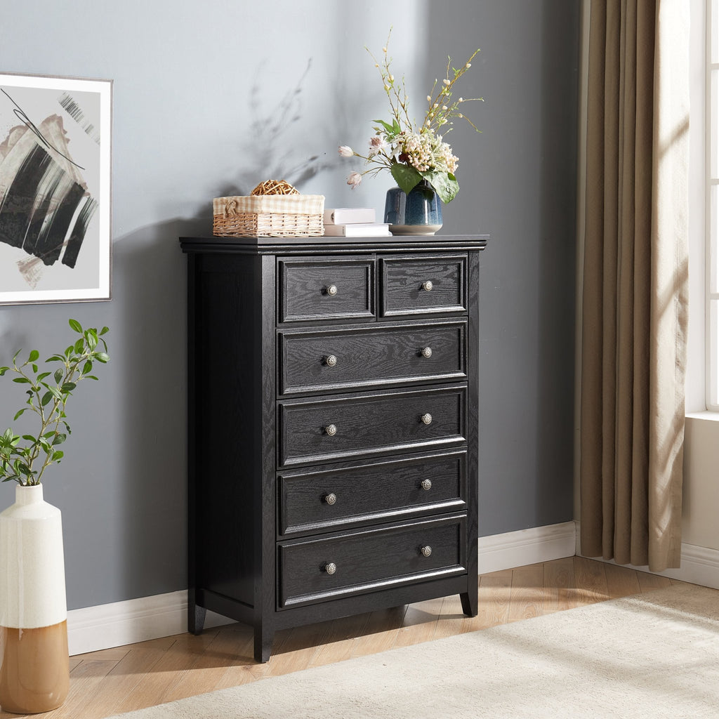 Black MDF veneer six-drawer dresser from Anthony & Home Studio Collection, modern farmhouse style with timeless craftsmanship.
