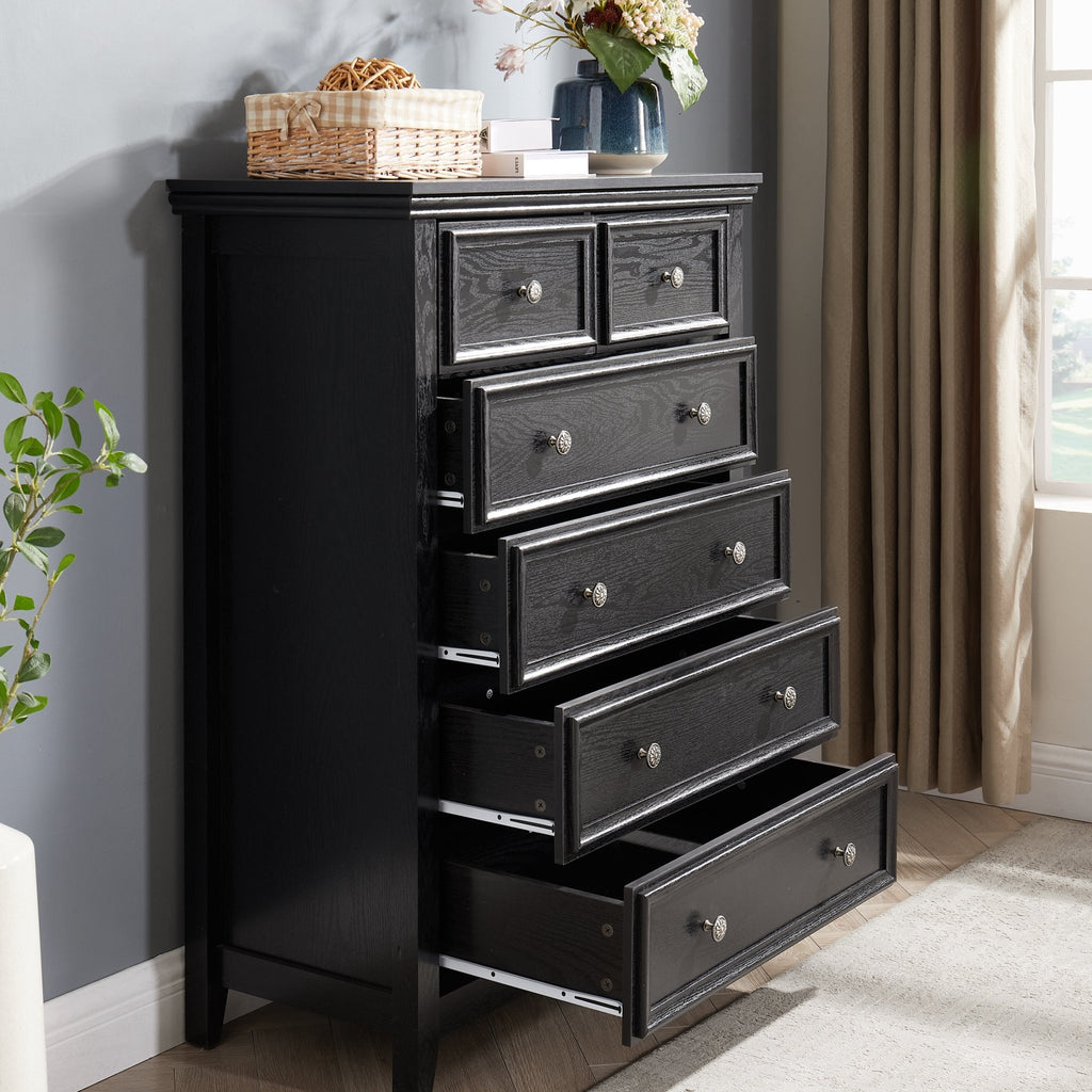 Black MDF veneer six-drawer dresser from Anthony & Home's Studio Collection, modern farmhouse style with sleek handles.