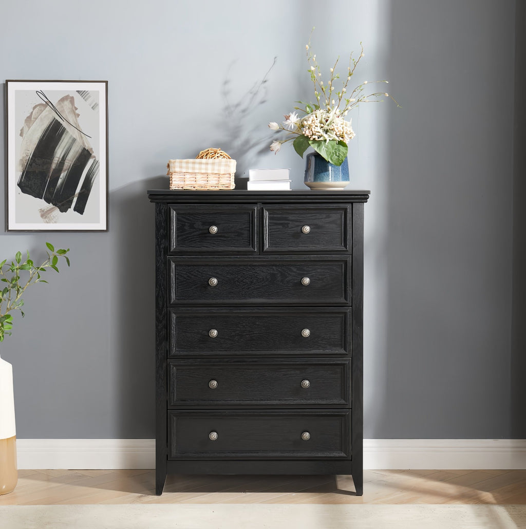 Six-drawer black MDF veneer dresser from Anthony & Home's Studio Collection, modern farmhouse style with timeless craftsmanship.