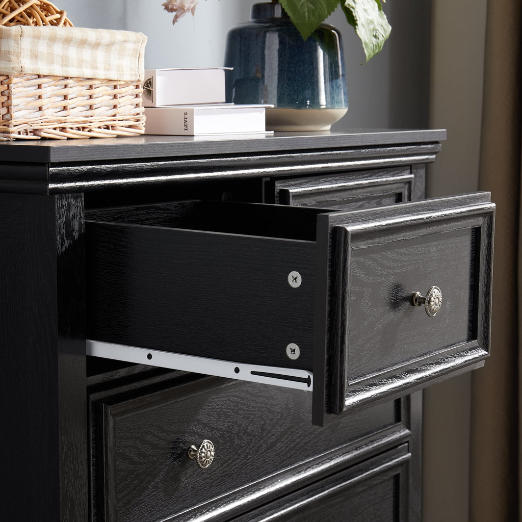 Black MDF veneer six-drawer dresser from Anthony & Home's Studio Collection, featuring modern farmhouse style and timeless craftsmanship.