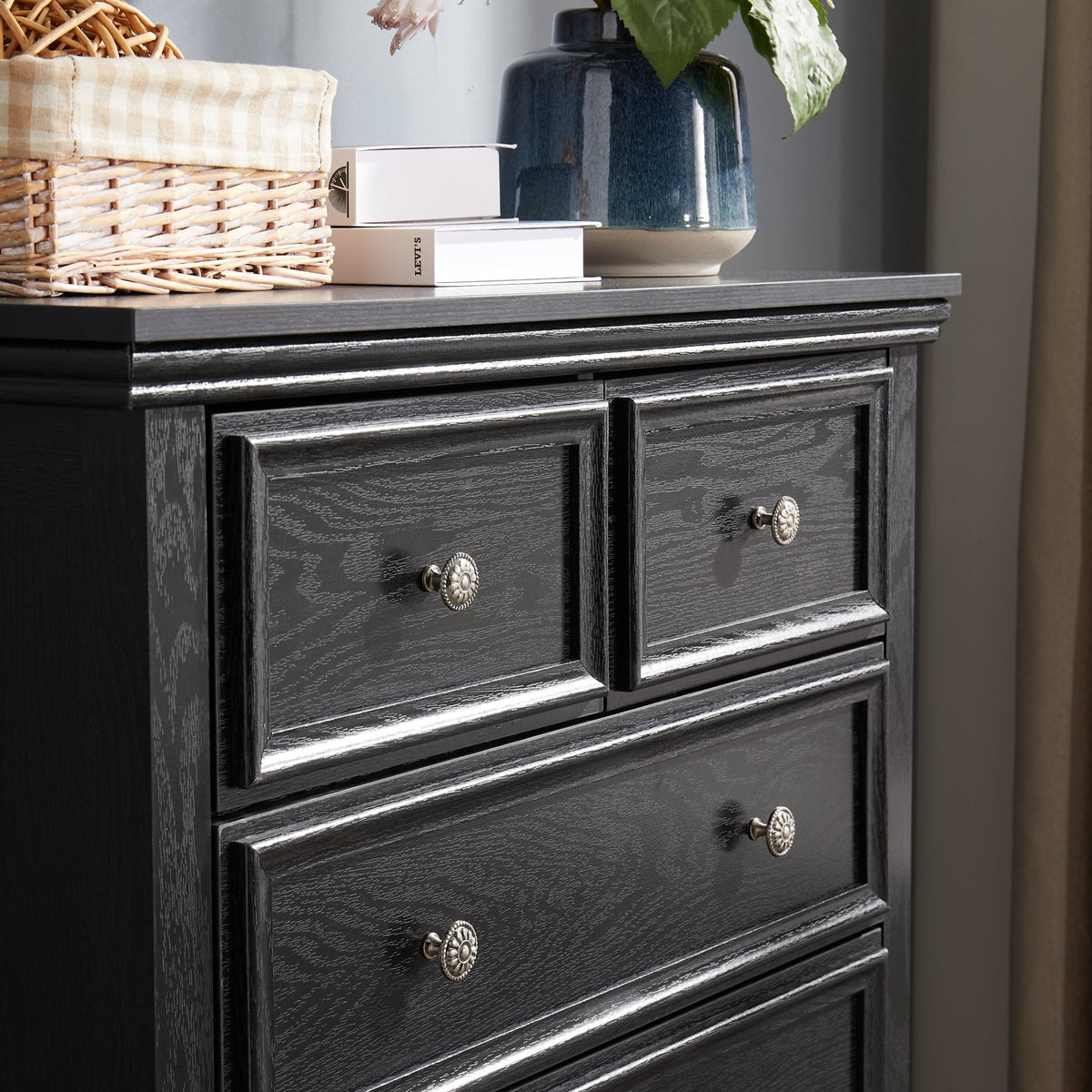 Black MDF veneer six-drawer dresser from Anthony & Home's Modern Farmhouse Studio Collection with timeless craftsmanship.