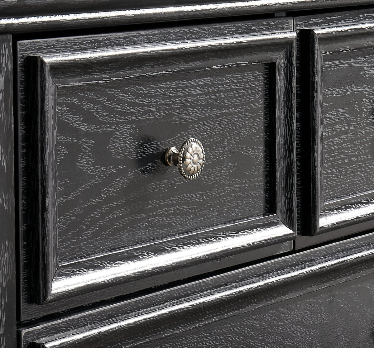 Six-drawer black MDF veneer dresser from Anthony & Home's Modern Farmhouse Studio Collection, showcasing sleek design and craftsmanship.