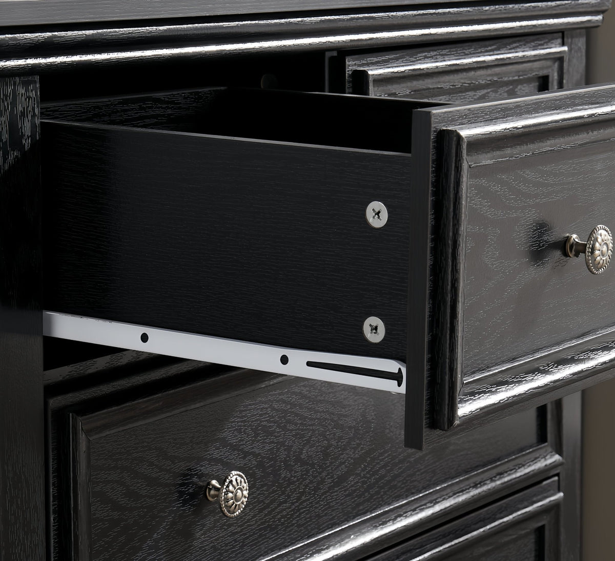 Six-drawer black MDF veneer dresser from Anthony & Home's Studio Collection, modern farmhouse style with timeless craftsmanship.