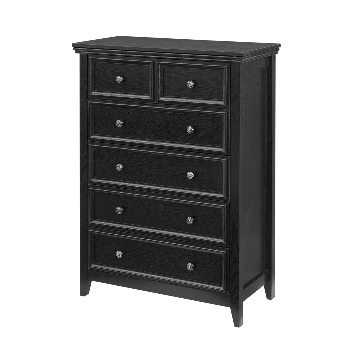 Six-drawer black MDF veneer dresser from Anthony & Home's Modern Farmhouse Studio Collection, showcasing sleek design and craftsmanship.