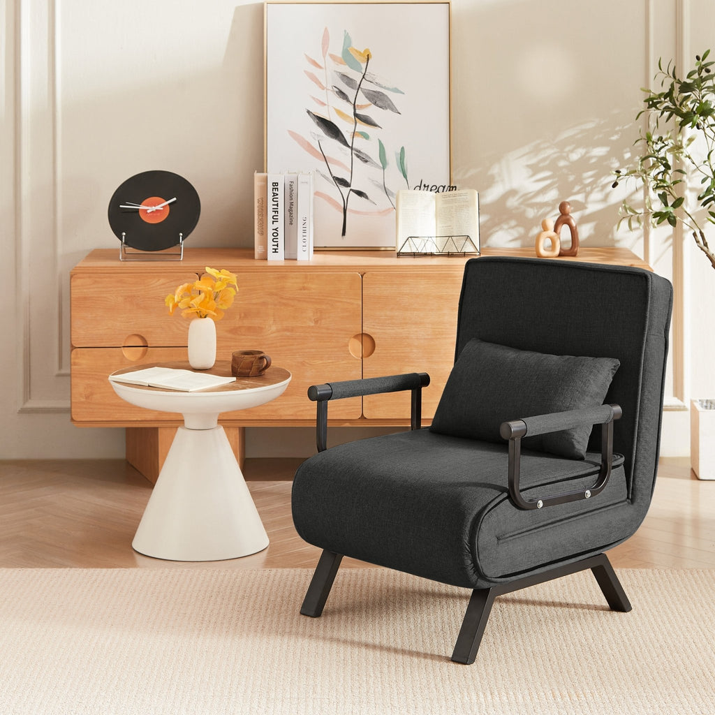 Black linen sleep chair bed in five-position limited edition by Anthony & Home, showing its sleek design and adjustable backrest.