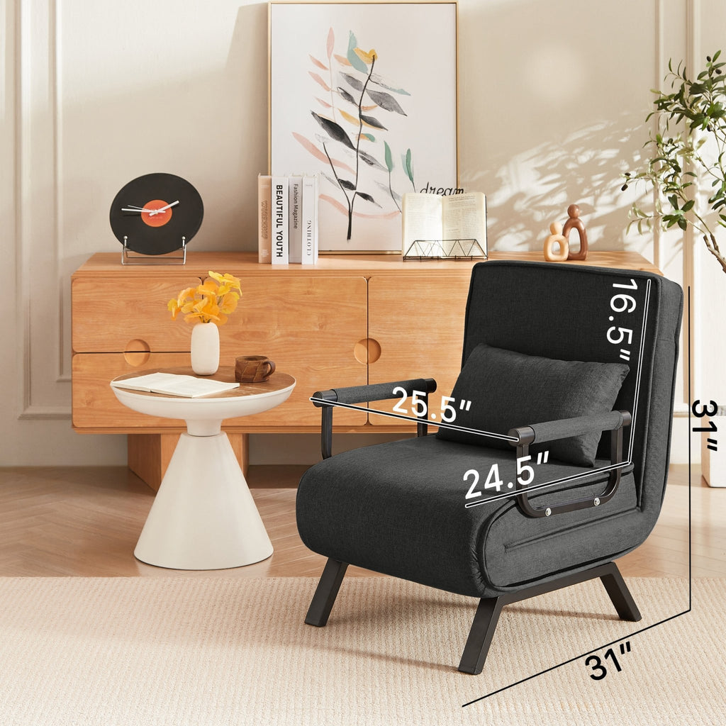 Black linen sleep chair bed in five-position design by Anthony & Home, showcasing its sleek, modern look and versatile comfort.