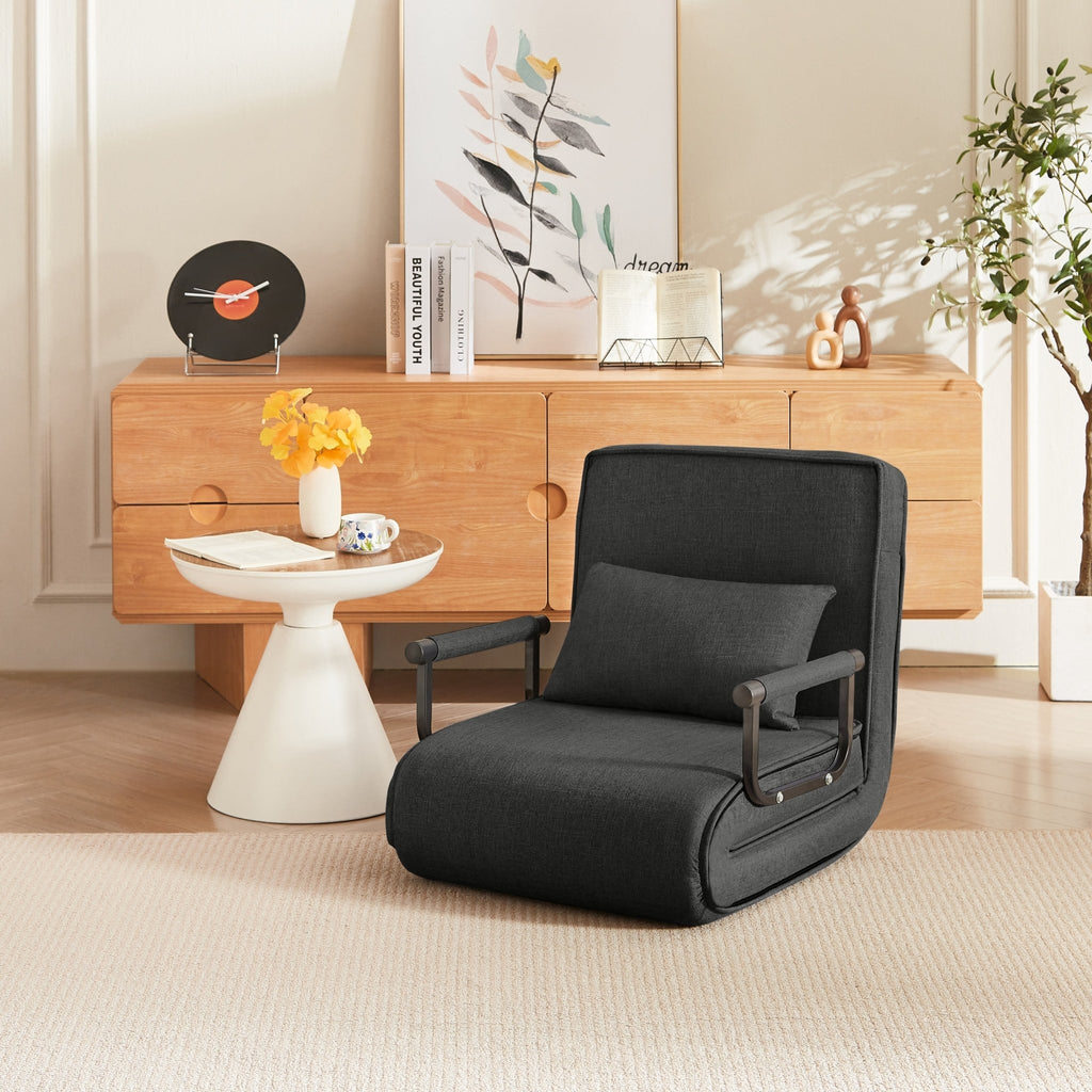 Black linen sleep chair bed by Anthony & Home in a 5-position limited edition, showing the chair's adjustable backrest and fabric texture.