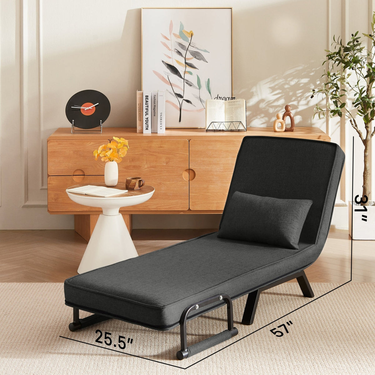 Black linen sleep chair bed by Anthony & Home in a 5-position limited edition, showcasing adjustable backrest and compact design.
