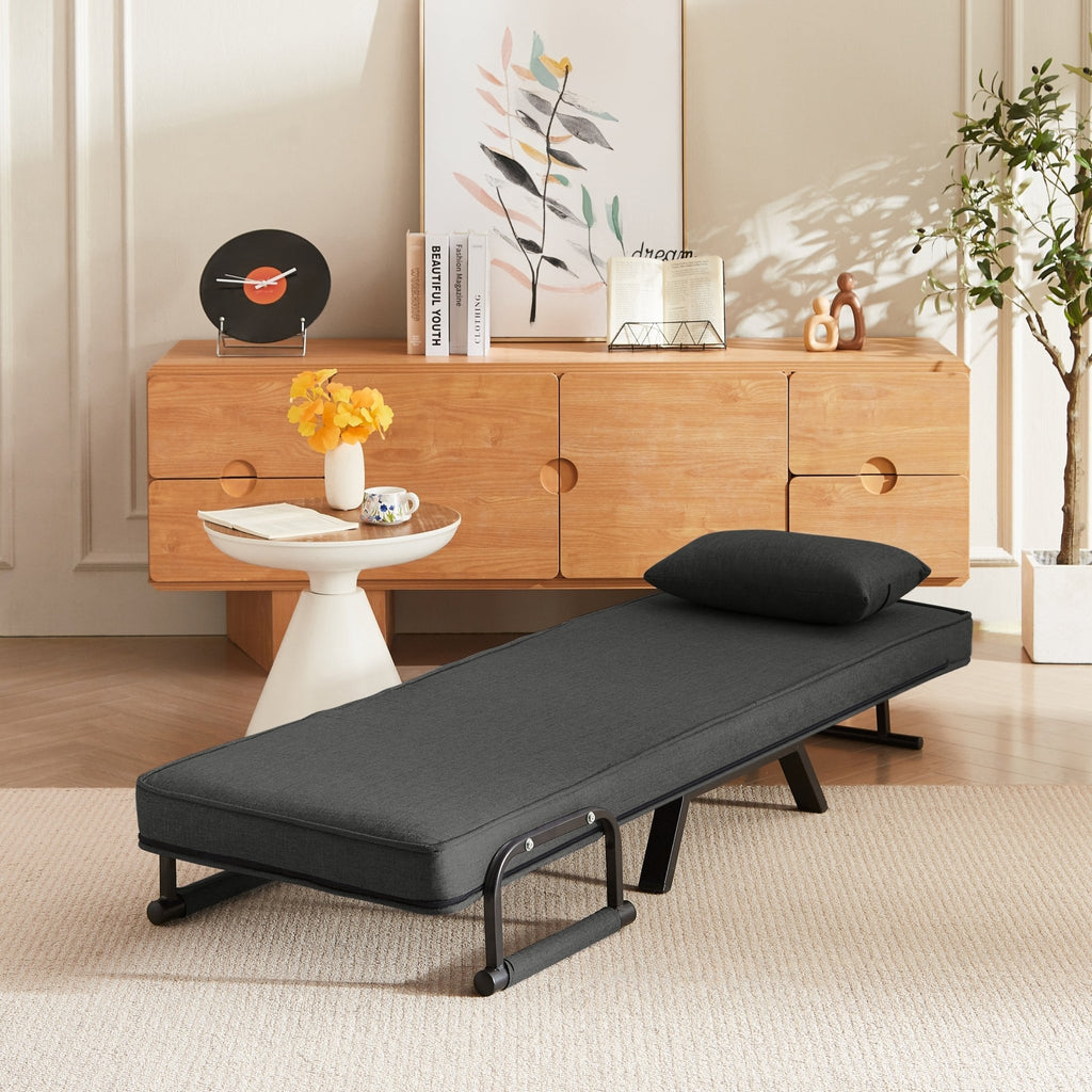 Black linen sleep chair bed in five-position limited edition by Anthony & Home, showcasing its sleek, adjustable design.