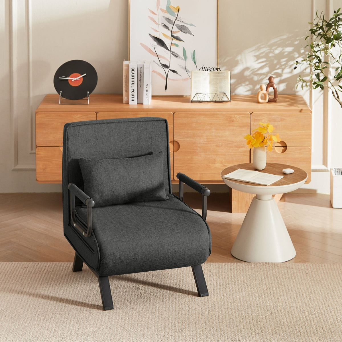 Black linen sleep chair bed by Anthony & Home in five-position limited edition, showcasing a sleek, modern design with plush cushioning.