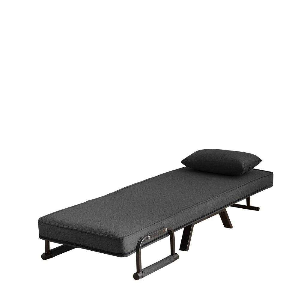 Black linen sleep chair bed by Anthony & Home in five-position limited edition, showcasing its sleek design and adjustable backrest.