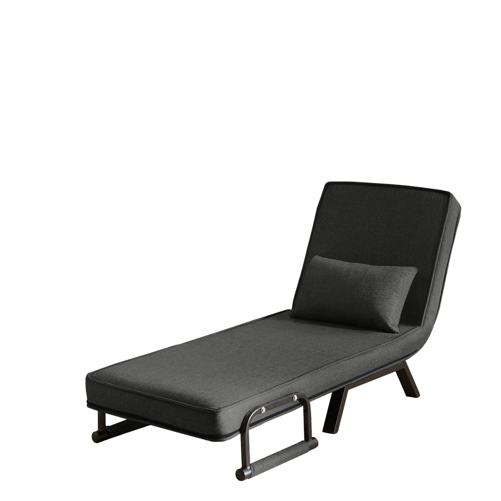 Black linen sleep chair bed in five-position limited edition by Anthony & Home, showing the sleek, modern design and adjustable backrest.