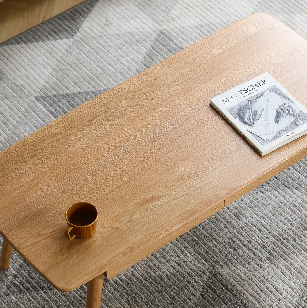 Solid North American Red Oak center table with built-in storage, modern design by Anthony & Home for contemporary interiors.