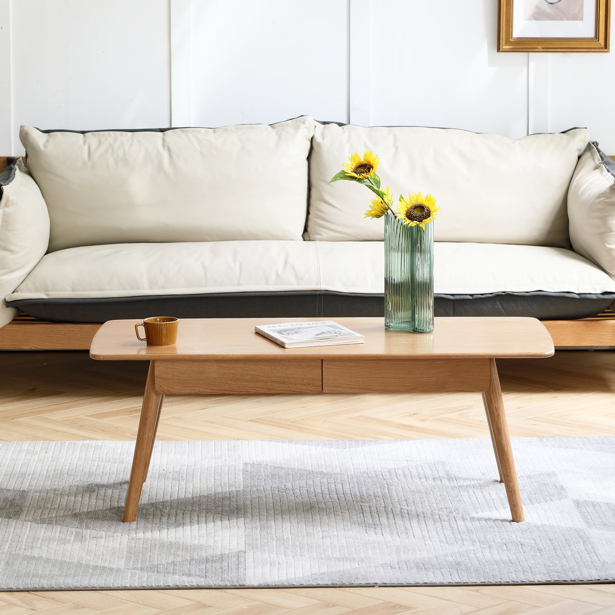 Solid North American Red Oak center table with built-in storage, modern design from Anthony & Home, perfect for contemporary interiors.