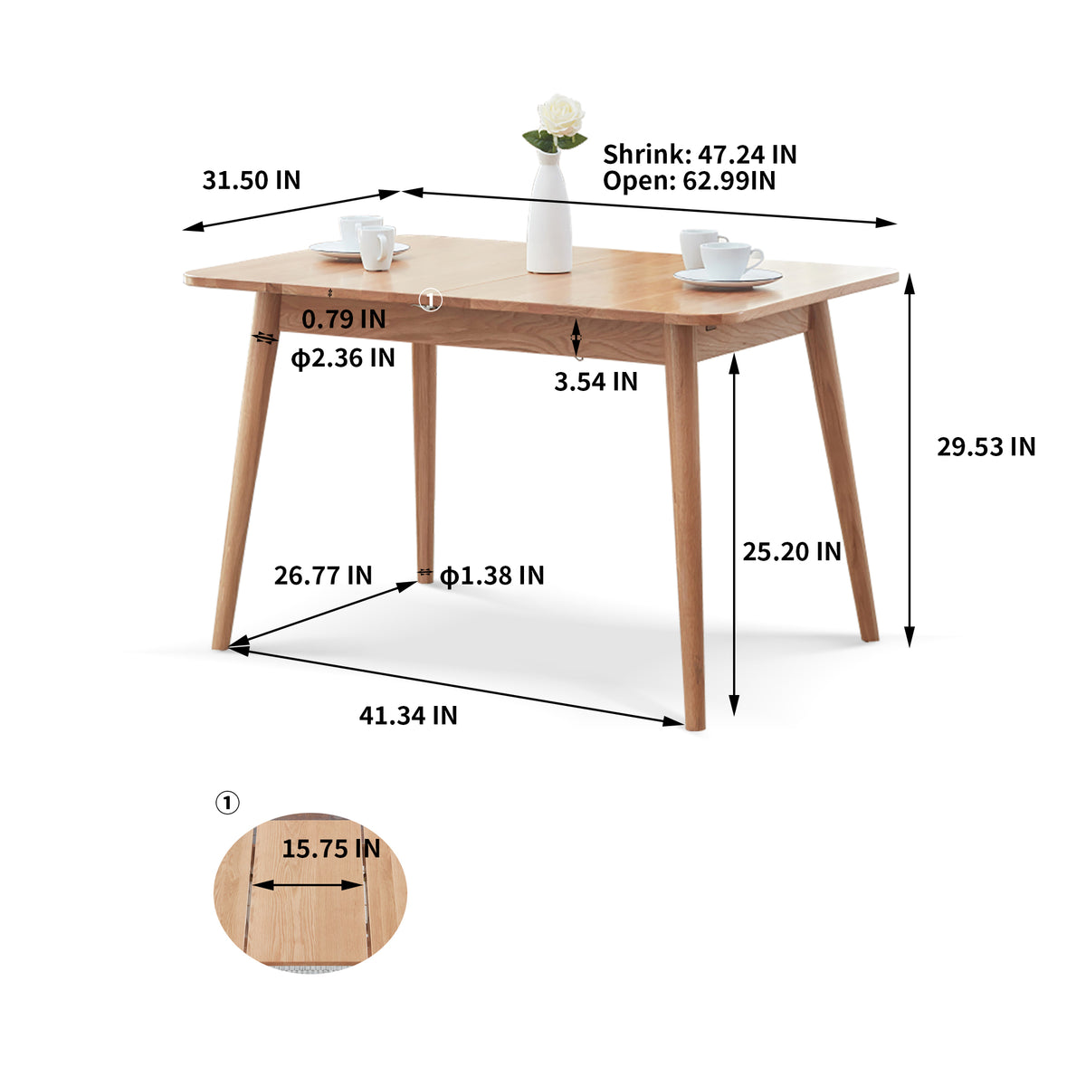 Solid oak extendable dining table by Anthony & Home, showcasing a polished surface with extended leaves in a modern dining room setting.
