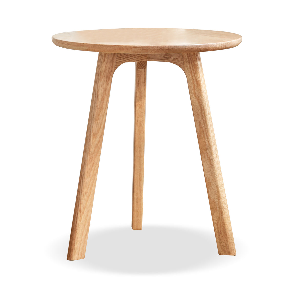 Solid oak round end table from Anthony & Home Signature Collection, featuring a smooth wooden surface and sturdy legs.