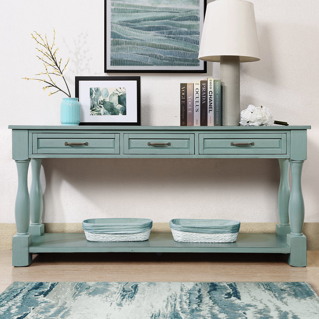 Solid pine console table by Anthony & Home featuring a retro blue finish and sleek, minimalist design.