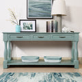 Solid pine console table by Anthony & Home featuring a retro blue finish and sleek, minimalist design.