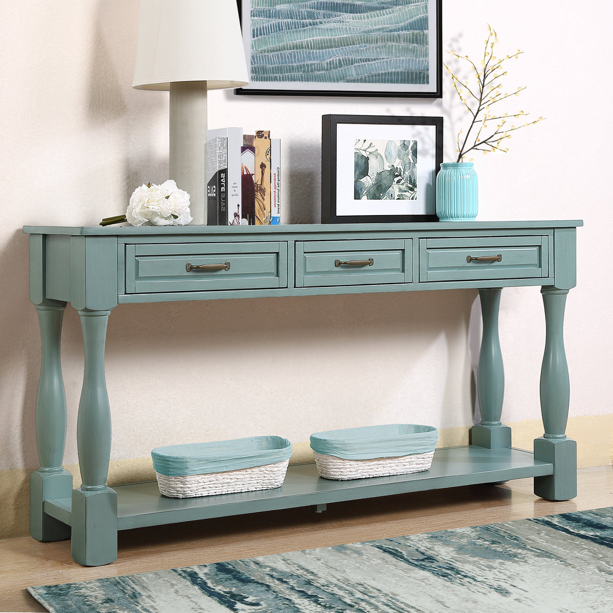 Solid pine console table with retro blue finish by Anthony & Home, featuring a sleek, minimalist design and sturdy wooden construction.