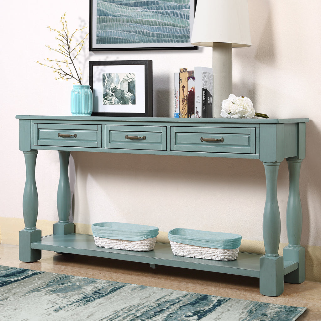 Solid pine console table by Anthony & Home with a retro blue finish, featuring a sleek design and sturdy craftsmanship.